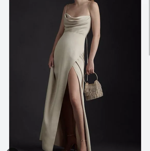 anthropologie champagne dress Anthropologie BHLDN Belize Embroidered A-Line Long-Sleeve V-Neck Gown Champagne